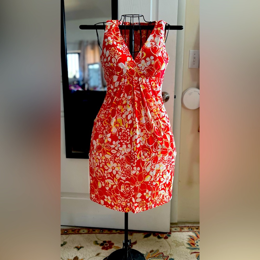 CHAPS BEAUTIFUL A-Line MIDI Dress, FLORAL Pattern Super Stretch, NO IRON Fabric